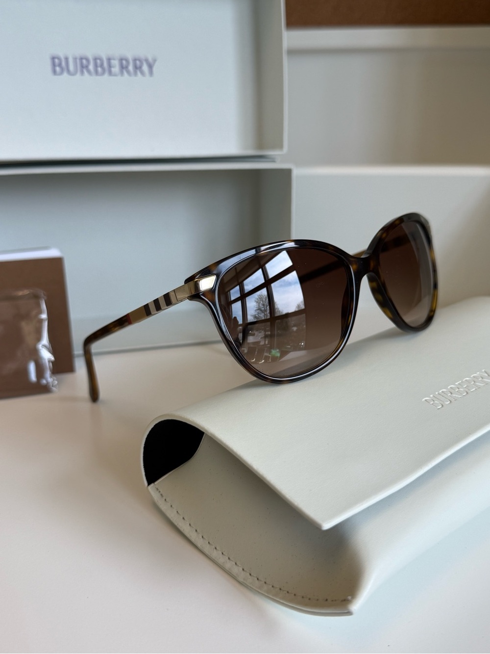 Burberry Women's Sunglasses: Tortoiseshell Cat-Eye, Check Temple Detail, NEW